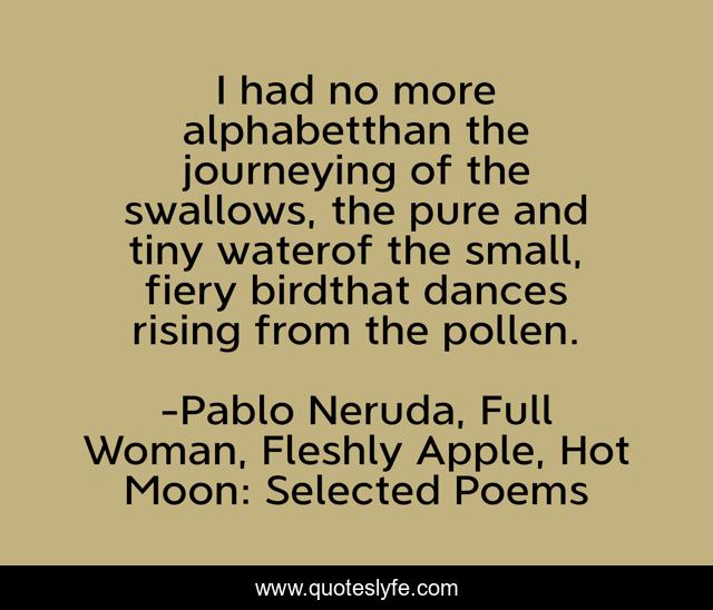 I had no more alphabetthan the journeying of the swallows, the pure and tiny waterof the small, fiery birdthat dances rising from the pollen.