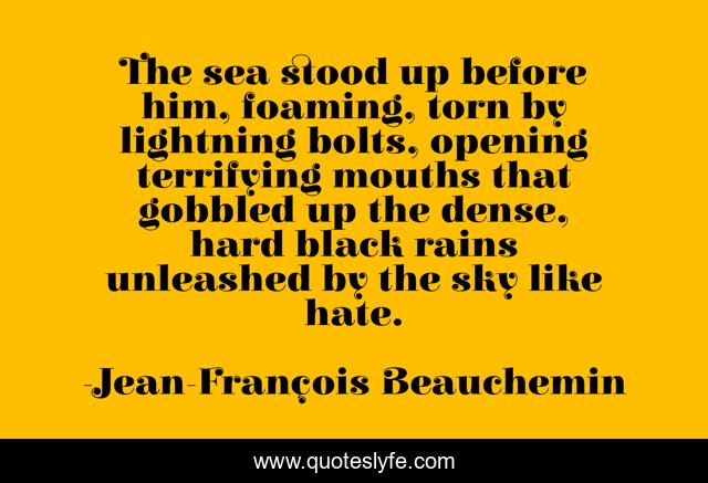 The sea stood up before him, foaming, torn by lightning bolts, opening terrifying mouths that gobbled up the dense, hard black rains unleashed by the sky like hate.