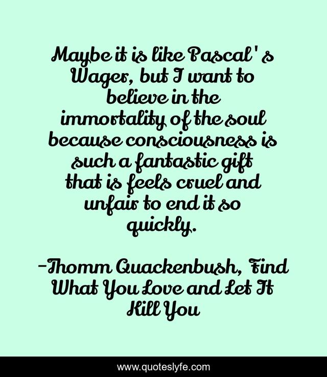 Maybe it is like Pascal's Wager, but I want to believe in the immortality of the soul because consciousness is such a fantastic gift that is feels cruel and unfair to end it so quickly.