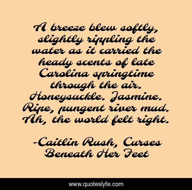 A breeze blew softly, slightly rippling the water as it carried the heady scents of late Carolina springtime through the air. Honeysuckle. Jasmine. Ripe, pungent river mud. Ah, the world felt right.