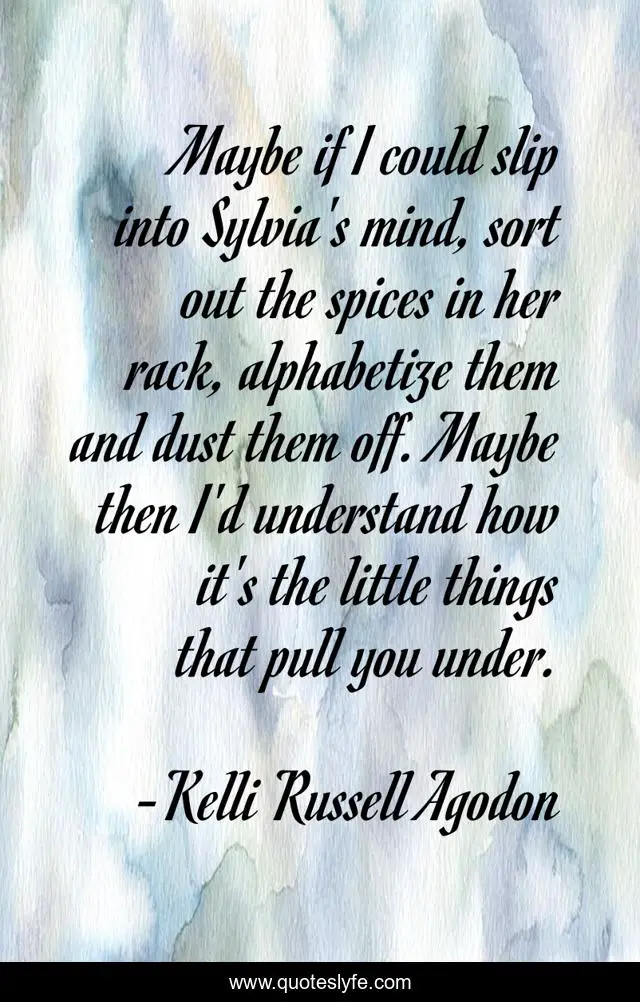 Maybe if I could slip into Sylvia's mind, sort out the spices in her rack, alphabetize them and dust them off. Maybe then I'd understand how it's the little things that pull you under.