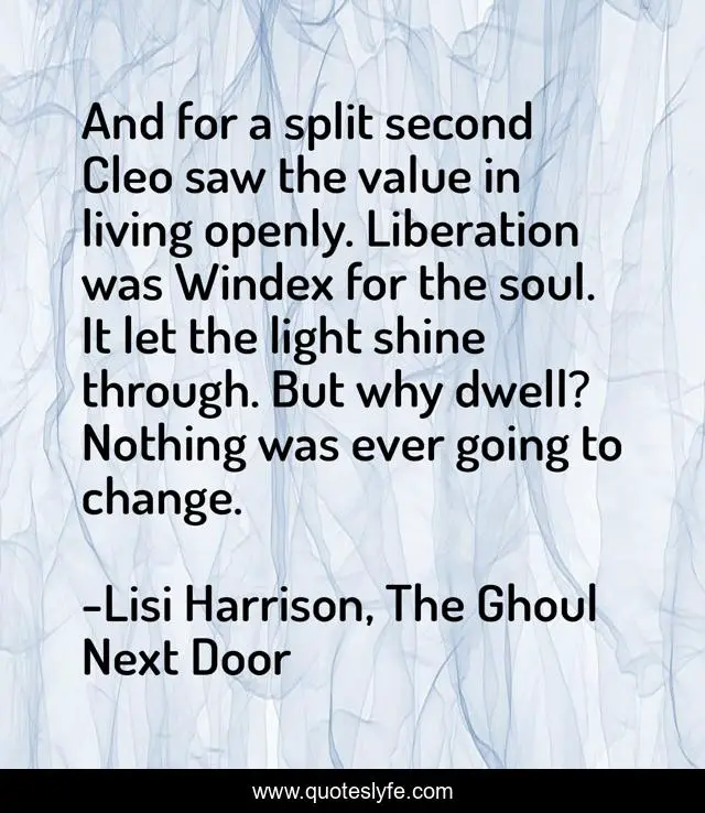 And for a split second Cleo saw the value in living openly. Liberation was Windex for the soul. It let the light shine through. But why dwell? Nothing was ever going to change.