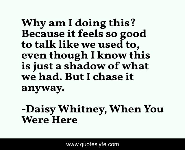 Why am I doing this? Because it feels so good to talk like we used to, even though I know this is just a shadow of what we had. But I chase it anyway.