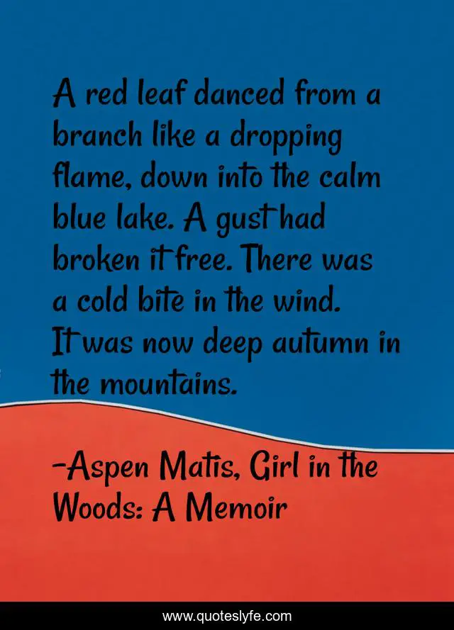 A red leaf danced from a branch like a dropping flame, down into the calm blue lake. A gust had broken it free. There was a cold bite in the wind. It was now deep autumn in the mountains.