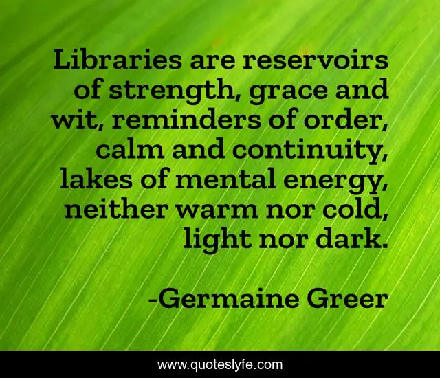 Libraries are reservoirs of strength, grace and wit, reminders of order, calm and continuity, lakes of mental energy, neither warm nor cold, light nor dark.