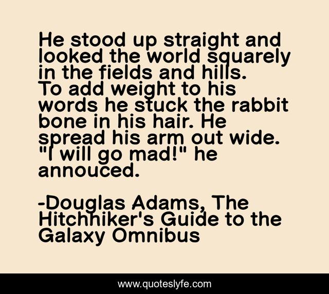 He stood up straight and looked the world squarely in the fields and hills. To add weight to his words he stuck the rabbit bone in his hair. He spread his arm out wide. 
