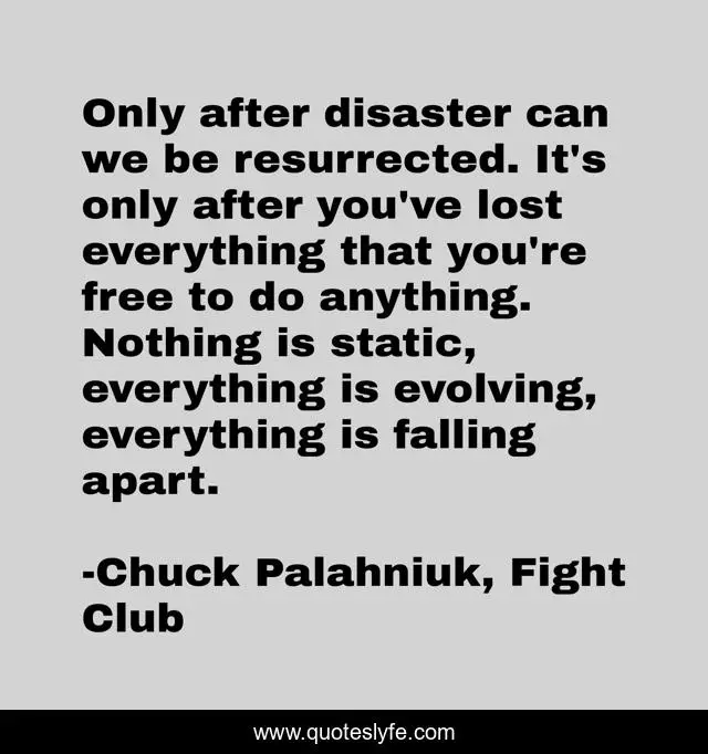 Only after disaster can we be resurrected. It's only after you've lost everything that you're free to do anything. Nothing is static, everything is evolving, everything is falling apart.