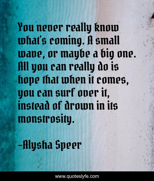 You never really know what's coming. A small wave, or maybe a big one. All you can really do is hope that when it comes, you can surf over it, instead of drown in its monstrosity.