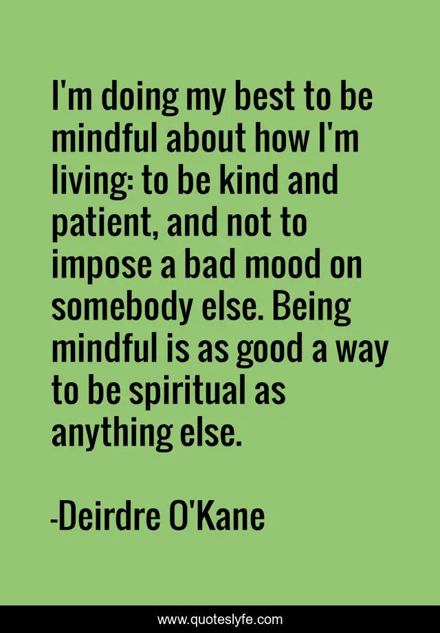 I'm doing my best to be mindful about how I'm living: to be kind and patient, and not to impose a bad mood on somebody else. Being mindful is as good a way to be spiritual as anything else.