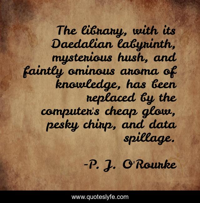 The library, with its Daedalian labyrinth, mysterious hush, and faintly ominous aroma of knowledge, has been replaced by the computer's cheap glow, pesky chirp, and data spillage.