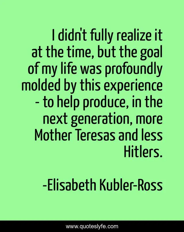 I didn't fully realize it at the time, but the goal of my life was profoundly molded by this experience - to help produce, in the next generation, more Mother Teresas and less Hitlers.