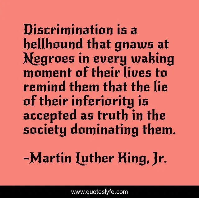 Discrimination is a hellhound that gnaws at Negroes in every waking moment of their lives to remind them that the lie of their inferiority is accepted as truth in the society dominating them.