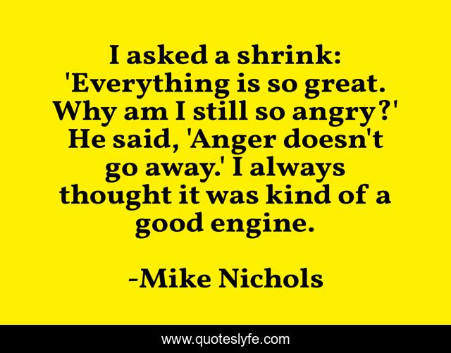I asked a shrink: 'Everything is so great. Why am I still so angry?' He said, 'Anger doesn't go away.' I always thought it was kind of a good engine.
