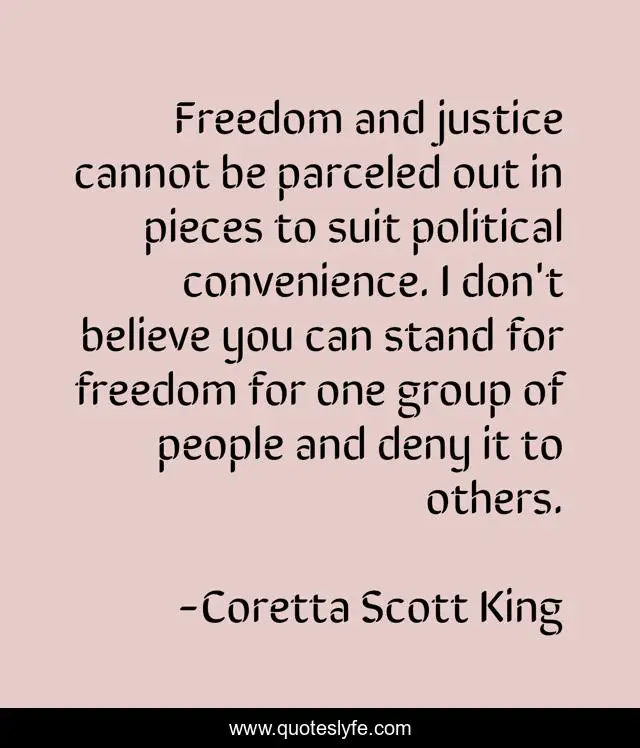 Freedom and justice cannot be parceled out in pieces to suit political convenience. I don't believe you can stand for freedom for one group of people and deny it to others.