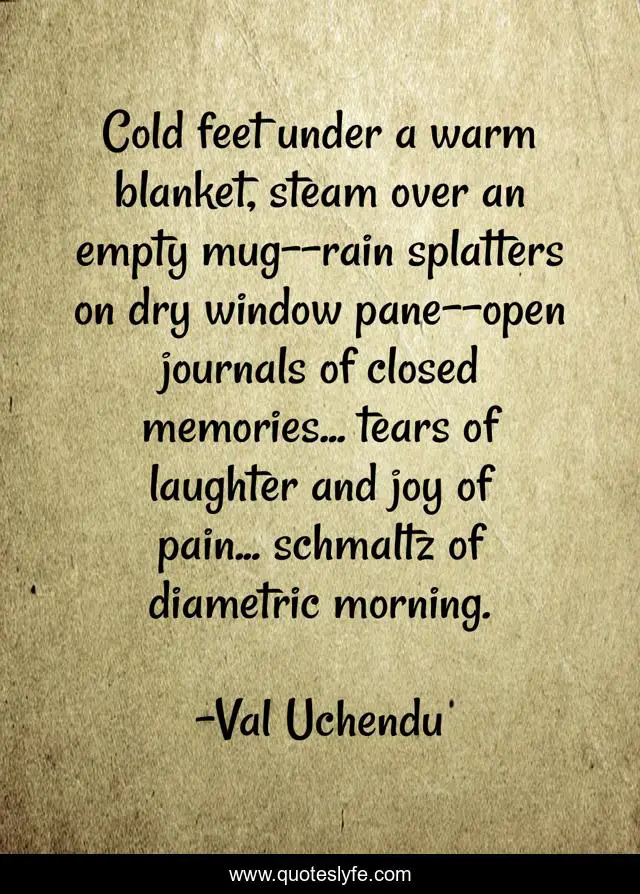 Cold feet under a warm blanket, steam over an empty mug--rain splatters on dry window pane--open journals of closed memories... tears of laughter and joy of pain... schmaltz of diametric morning.