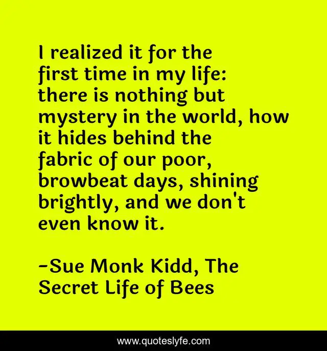 I realized it for the first time in my life: there is nothing but mystery in the world, how it hides behind the fabric of our poor, browbeat days, shining brightly, and we don't even know it.