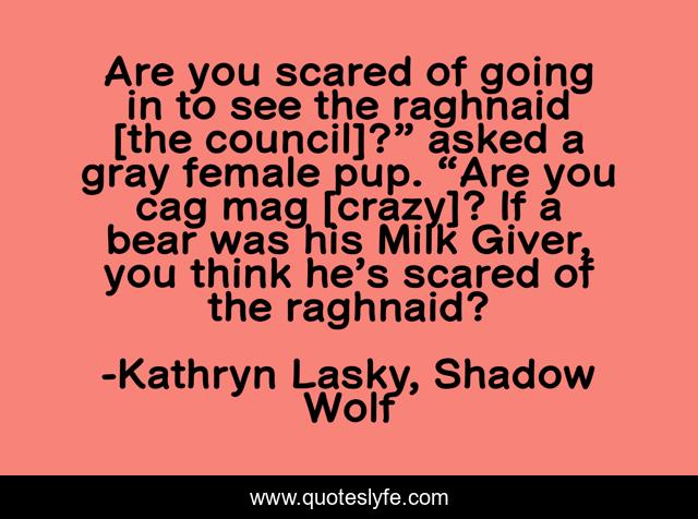 Are you scared of going in to see the raghnaid [the council]?” asked a gray female pup. “Are you cag mag [crazy]? If a bear was his Milk Giver, you think he’s scared of the raghnaid?
