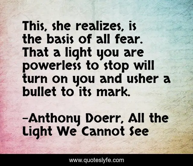 This, she realizes, is the basis of all fear. That a light you are powerless to stop will turn on you and usher a bullet to its mark.