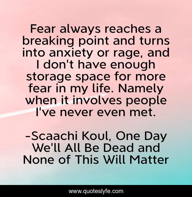 Fear always reaches a breaking point and turns into anxiety or rage, and I don't have enough storage space for more fear in my life. Namely when it involves people I've never even met.