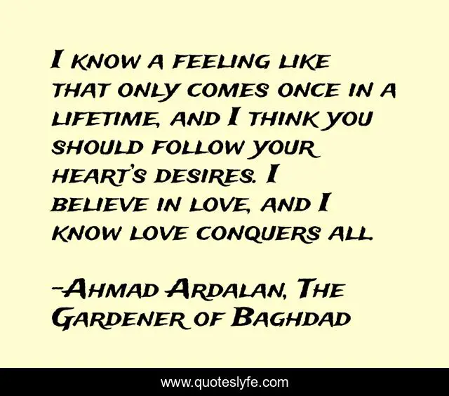 I know a feeling like that only comes once in a lifetime, and I think you should follow your heart’s desires. I believe in love, and I know love conquers all.