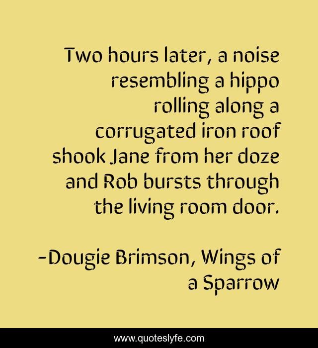 Two hours later, a noise resembling a hippo rolling along a corrugated iron roof shook Jane from her doze and Rob bursts through the living room door.