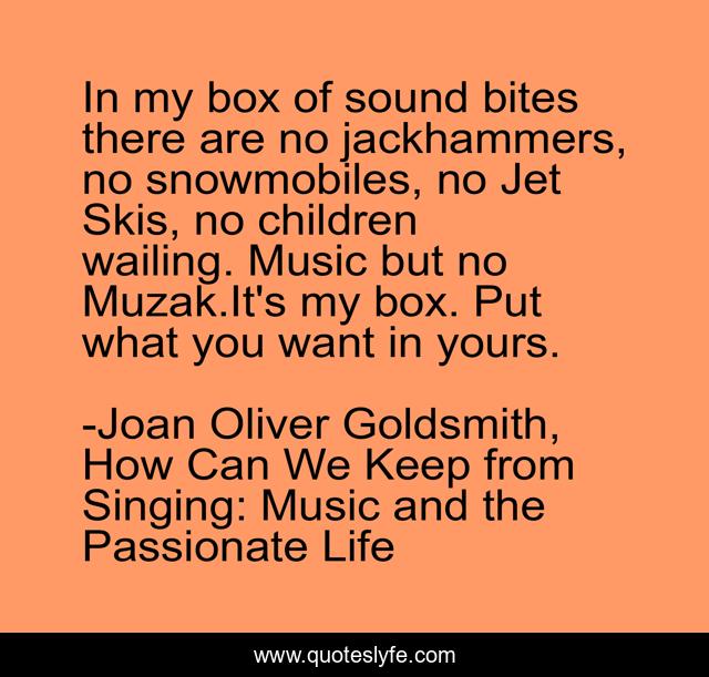 In my box of sound bites there are no jackhammers, no snowmobiles, no Jet Skis, no children wailing. Music but no Muzak.It's my box. Put what you want in yours.