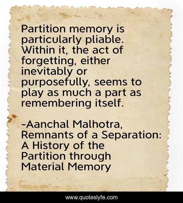 Partition memory is particularly pliable. Within it, the act of forgetting, either inevitably or purposefully, seems to play as much a part as remembering itself.