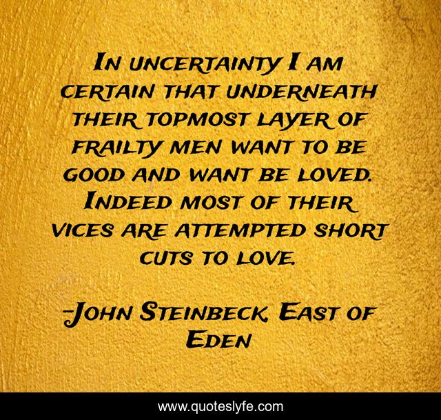 In uncertainty I am certain that underneath their topmost layer of frailty men want to be good and want be loved. Indeed most of their vices are attempted short cuts to love.