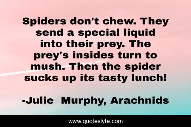Spiders don't chew. They send a special liquid into their prey. The prey's insides turn to mush. Then the spider sucks up its tasty lunch!