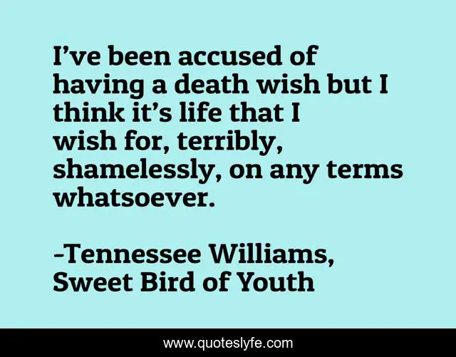 I’ve been accused of having a death wish but I think it’s life that I wish for, terribly, shamelessly, on any terms whatsoever.