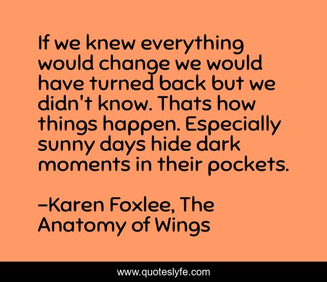 If we knew everything would change we would have turned back but we didn't know. Thats how things happen. Especially sunny days hide dark moments in their pockets.