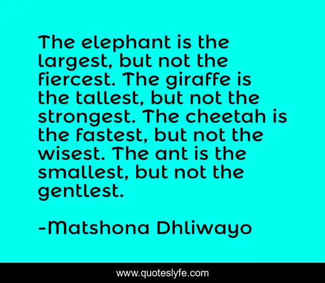 The elephant is the largest, but not the fiercest. The giraffe is the tallest, but not the strongest. The cheetah is the fastest, but not the wisest. The ant is the smallest, but not the gentlest.