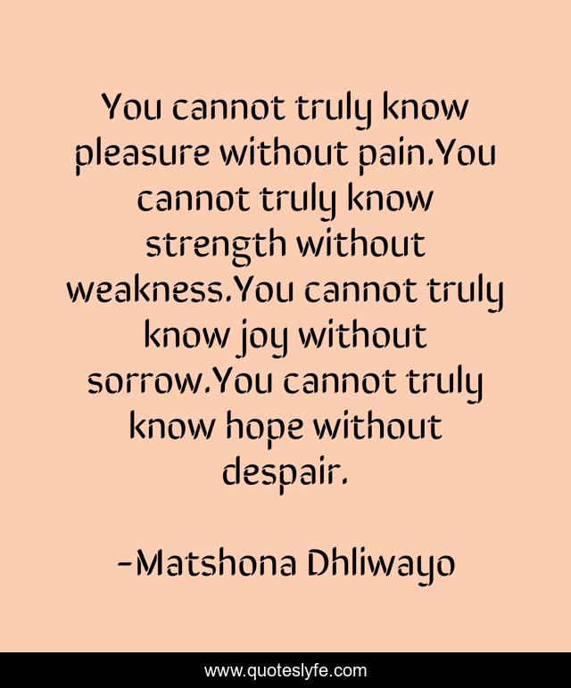 You cannot truly know pleasure without pain.You cannot truly know strength without weakness.You cannot truly know joy without sorrow.You cannot truly know hope without despair.