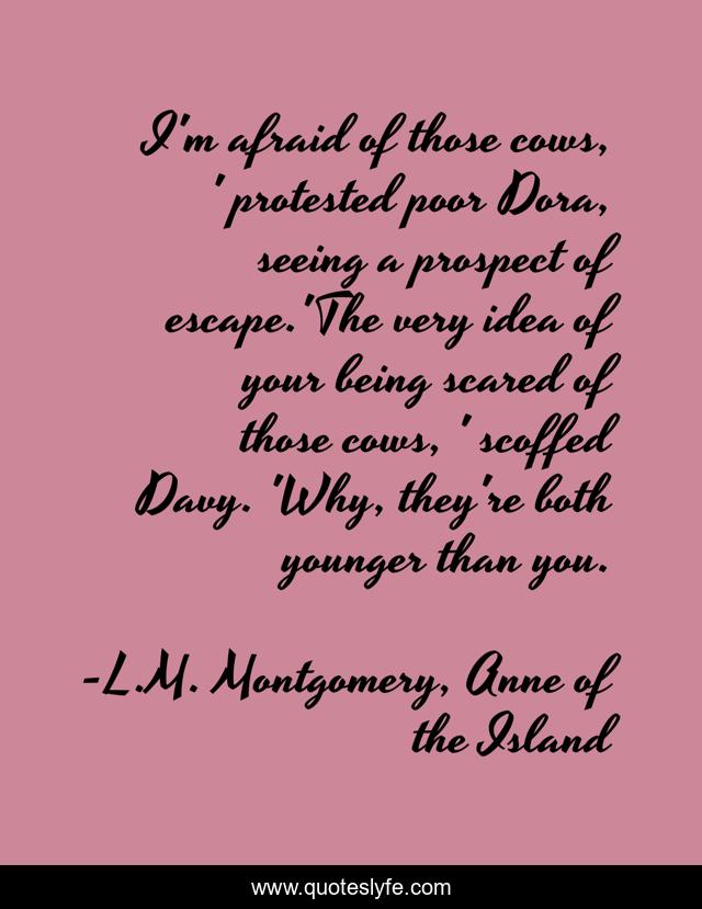 I'm afraid of those cows, ' protested poor Dora, seeing a prospect of escape.'The very idea of your being scared of those cows, ' scoffed Davy. 'Why, they're both younger than you.
