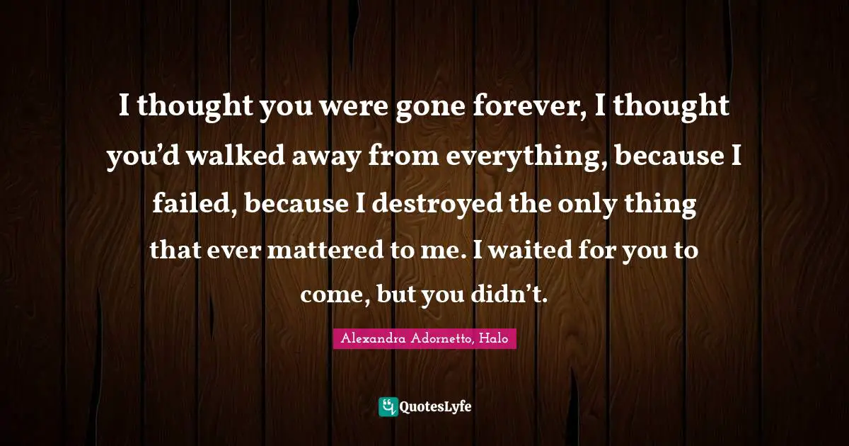 I thought you were gone forever, I thought you’d walked away from everything, because I failed, because I destroyed the only thing that ever mattered to me. I waited for you to come, but you didn’t.