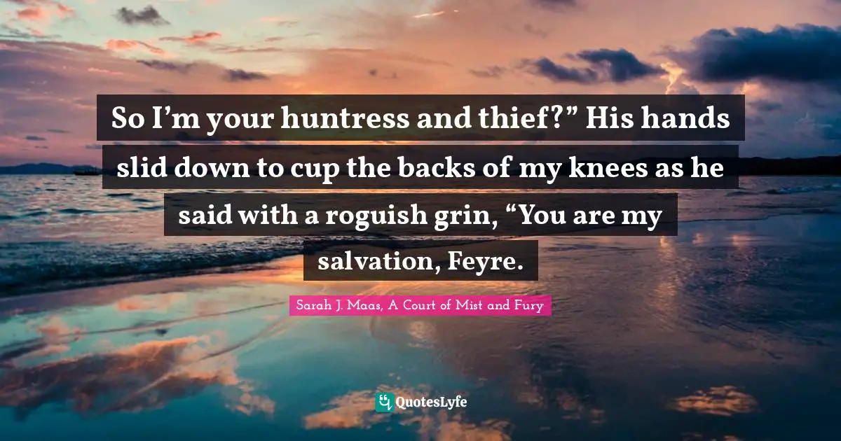 So I’m your huntress and thief?” His hands slid down to cup the backs of my knees as he said with a roguish grin, “You are my salvation, Feyre.