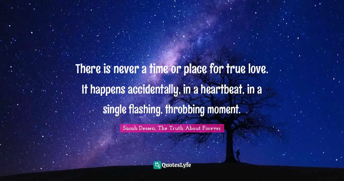 There is never a time or place for true love. It happens accidentally, in a heartbeat, in a single flashing, throbbing moment.