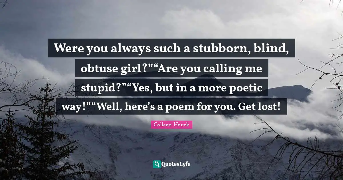Were you always such a stubborn, blind, obtuse girl?”“Are you calling me stupid?”“Yes, but in a more poetic way!”“Well, here’s a poem for you. Get lost!