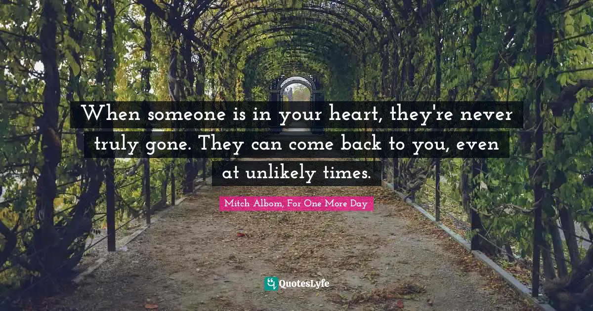 Affection Quotes: "When someone is in your heart, they're never truly gone. They can come back to you, even at unlikely times."