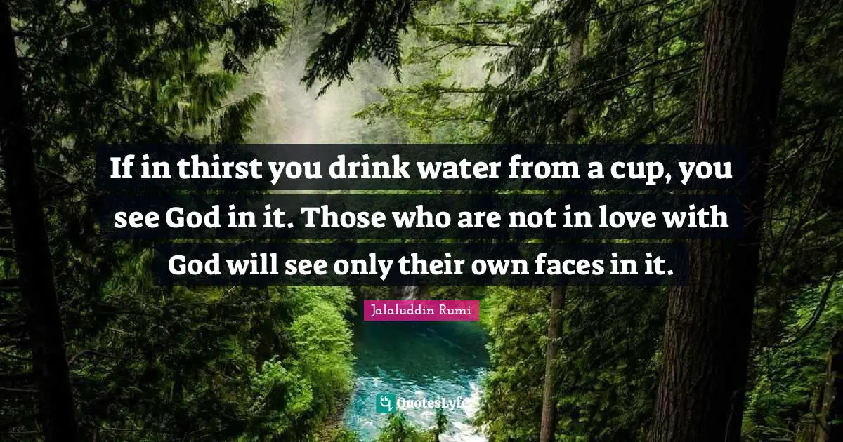 Jalaluddin Rumi Quotes: If in thirst you drink water from a cup, you see God in it. Those who are not in love with God will see only their own faces in it.