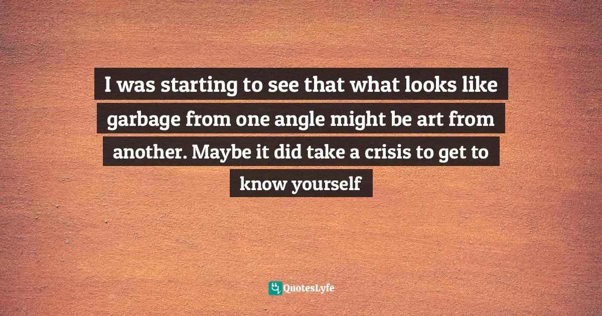 I was starting to see that what looks like garbage from one angle might be art from another. Maybe it did take a crisis to get to know yourself