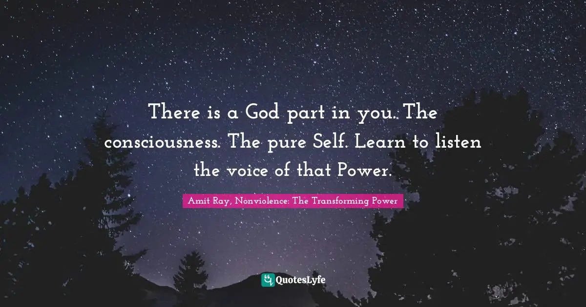 Amit Ray, Nonviolence: The Transforming Power Quotes: There is a God part in you. The consciousness. The pure Self. Learn to listen the voice of that Power.