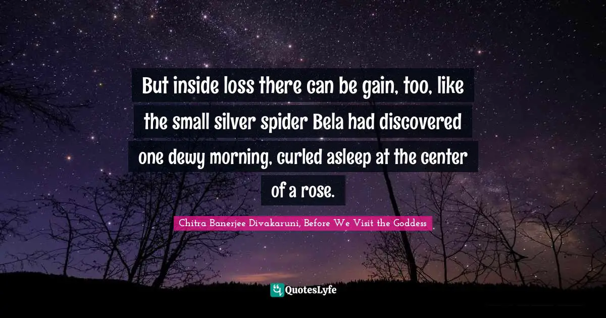 Immigrant Quotes: "But inside loss there can be gain, too, like the small silver spider Bela had discovered one dewy morning, curled asleep at the center of a rose."