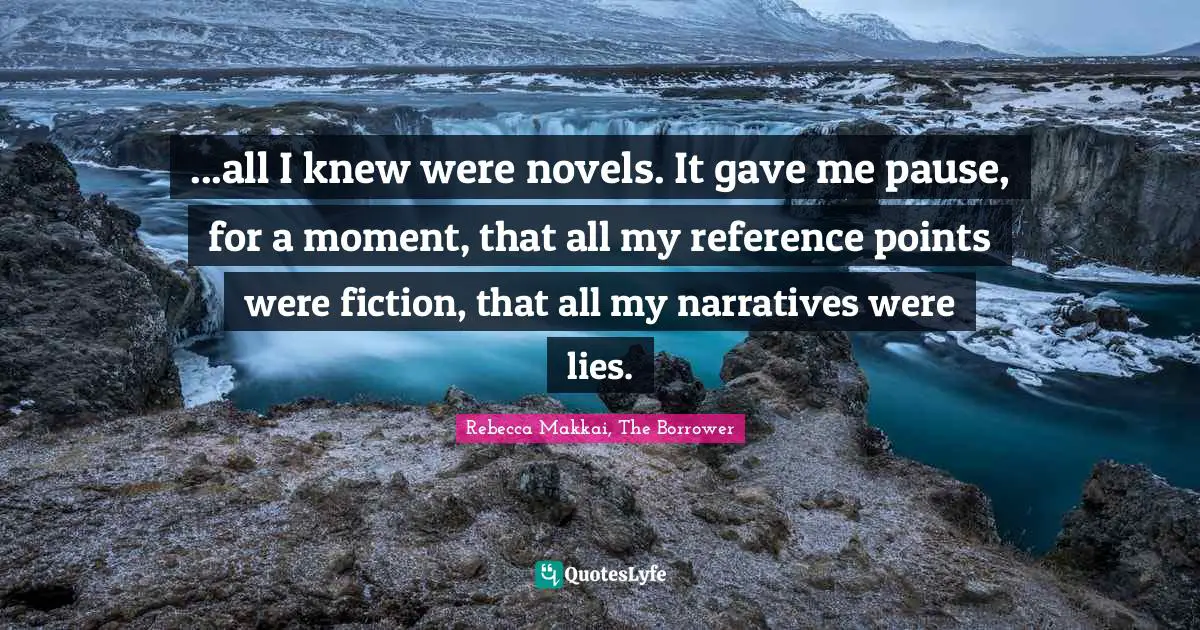 ...all I knew were novels. It gave me pause, for a moment, that all my reference points were fiction, that all my narratives were lies.