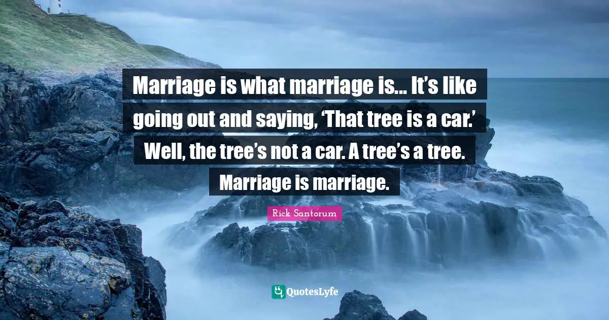 Rick Santorum Quotes: "Marriage is what marriage is... It’s like going out and saying, ‘That tree is a car.’ Well, the tree’s not a car. A tree’s a tree. Marriage is marriage."