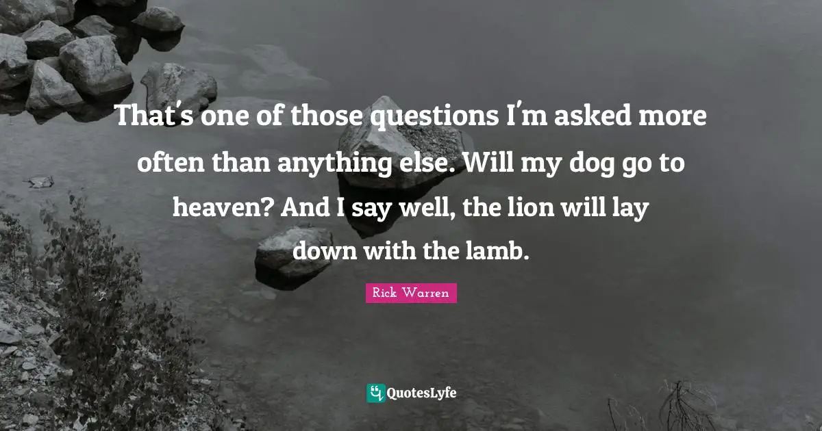 That's one of those questions I'm asked more often than anything else. Will my dog go to heaven? And I say well, the lion will lay down with the lamb.