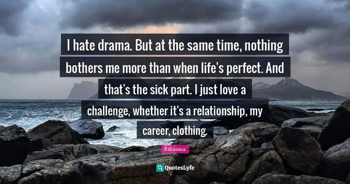 I hate drama. But at the same time, nothing bothers me more than when life's perfect. And that's the sick part. I just love a challenge, whether it's a relationship, my career, clothing.
