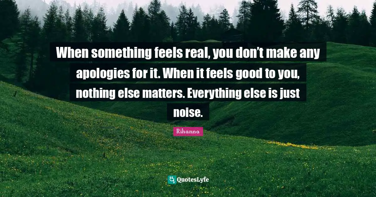 Rihanna Quotes: "When something feels real, you don’t make any apologies for it. When it feels good to you, nothing else matters. Everything else is just noise."