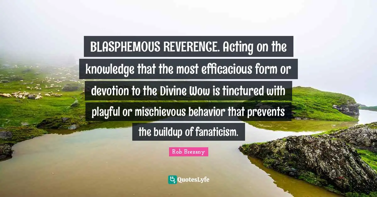 BLASPHEMOUS REVERENCE. Acting on the knowledge that the most efficacious form or devotion to the Divine Wow is tinctured with playful or mischievous behavior that prevents the buildup of fanaticism.