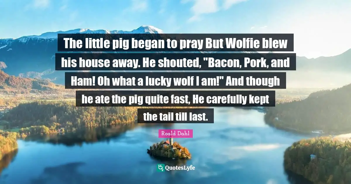 The little pig began to pray But Wolfie blew his house away. He shouted, "Bacon, Pork, and Ham! Oh what a lucky wolf I am!" And though he ate the pig quite fast, He carefully kept the tail till last.